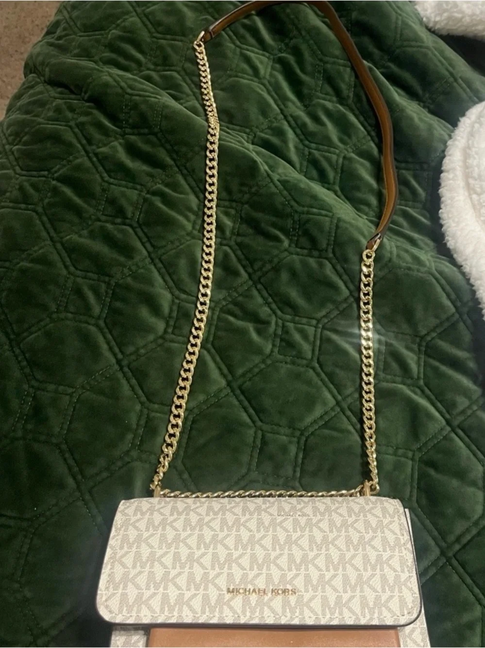 Michael Kors Cream Logo Crossbody with Tan Trim and Gold Chain